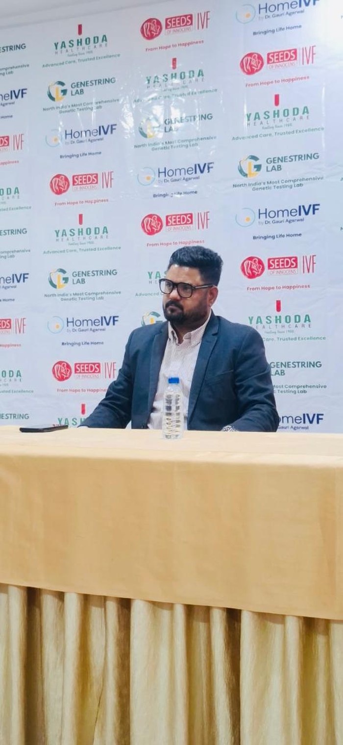Yashpal Singh Rao speaking on a panel for Seeds of Innocence, HomeIVF, Genestrings Lab and Yashoda Healthcare